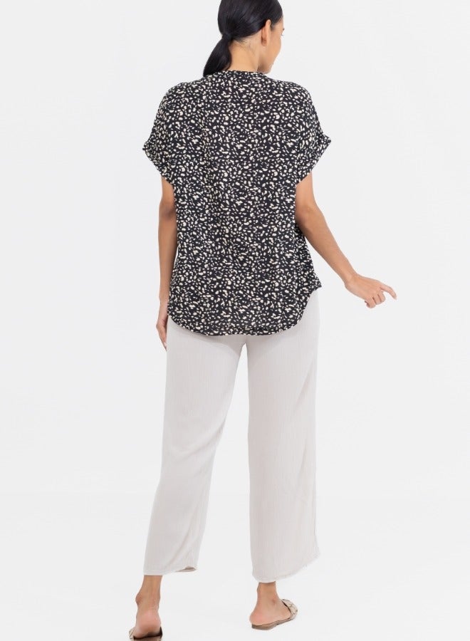 Black and White Abstract Print V-Neck Blouse - Short Sleeve Button-Down Top