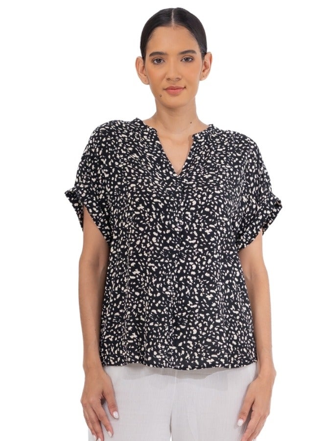 Black and White Abstract Print V-Neck Blouse - Short Sleeve Button-Down Top