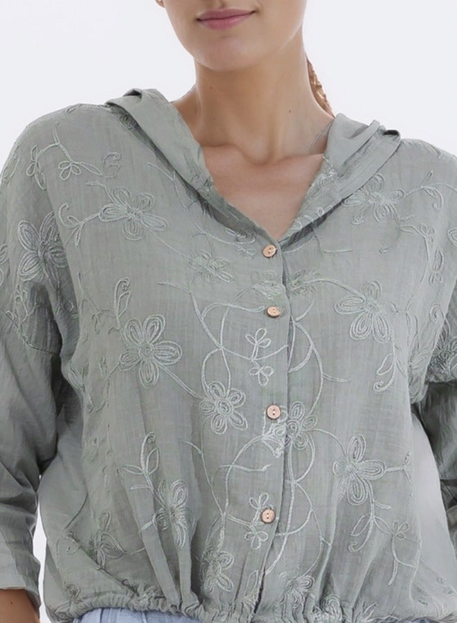 Embroidered Floral Button-Down Hoodie Blouse - Sage Green