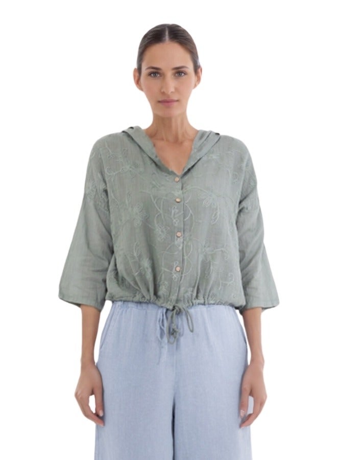 Embroidered Floral Button-Down Hoodie Blouse - Sage Green