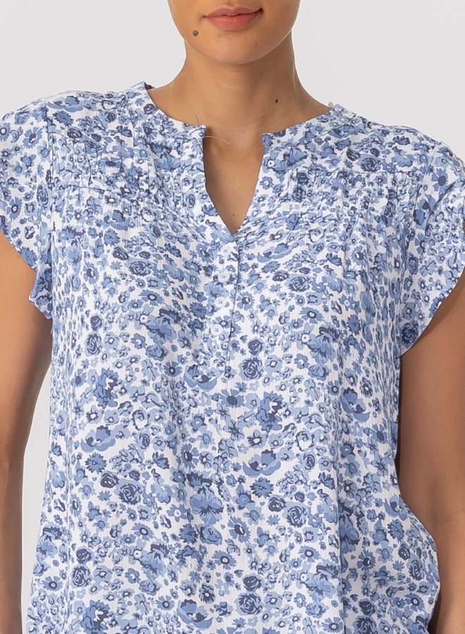 Blue Floral Print Pleated V-Neck Blouse - Short Sleeve Casual Top