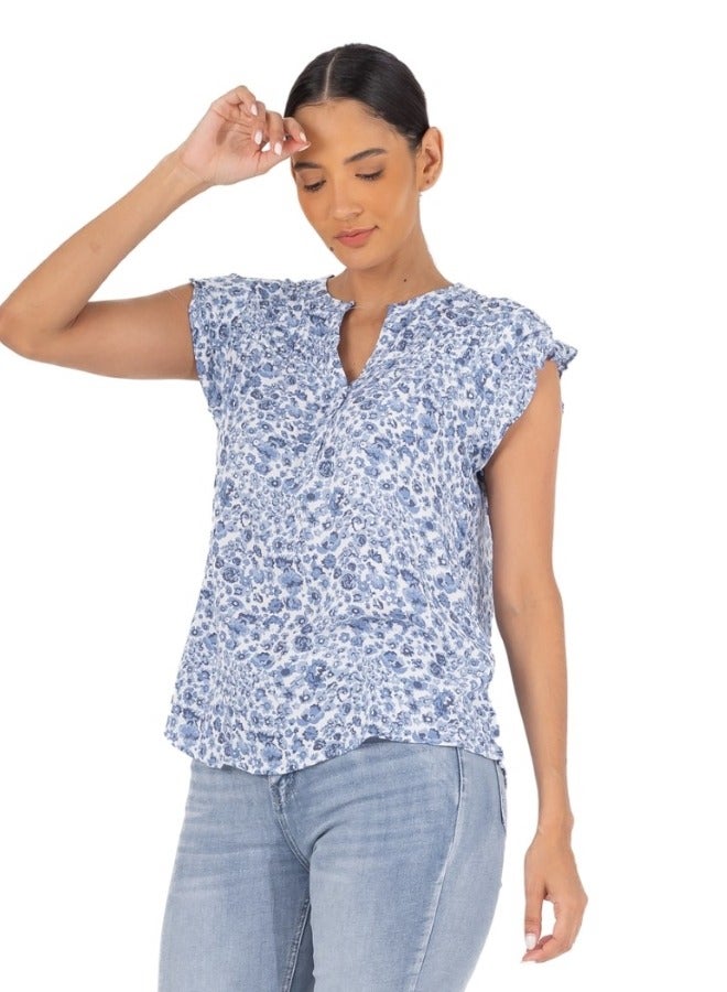 Blue Floral Print Pleated V-Neck Blouse - Short Sleeve Casual Top