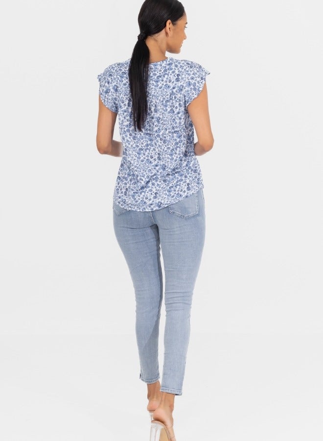 Blue Floral Print Pleated V-Neck Blouse - Short Sleeve Casual Top