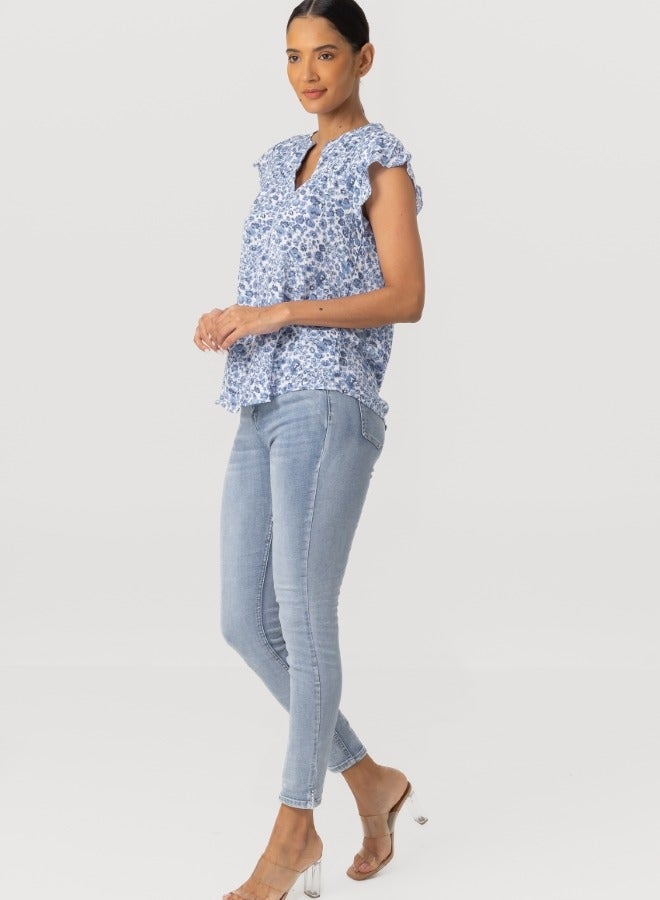 Blue Floral Print Pleated V-Neck Blouse - Short Sleeve Casual Top