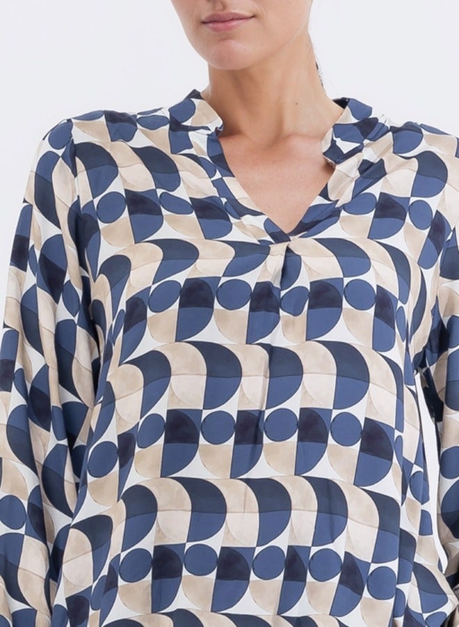 Geometric Print Long Sleeve V-Neck Blouse - Blue and Beige