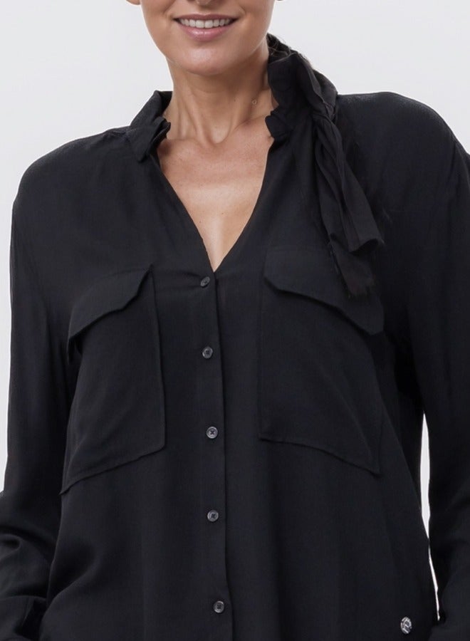 Button-Down Long Sleeve Blouse with Bow Detail - Black