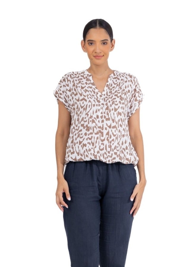 White and Brown Animal Print V-Neck Blouse - Short Sleeve Button-Down Top