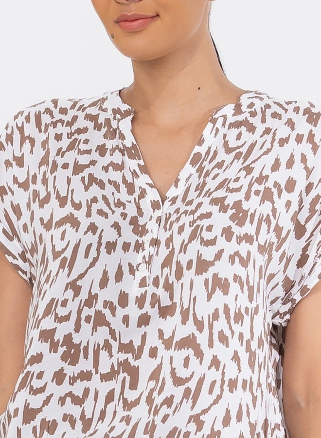 White and Brown Animal Print V-Neck Blouse - Short Sleeve Button-Down Top