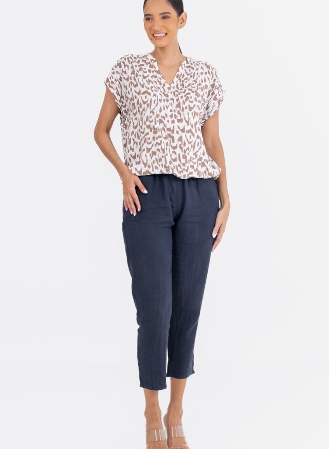 White and Brown Animal Print V-Neck Blouse - Short Sleeve Button-Down Top