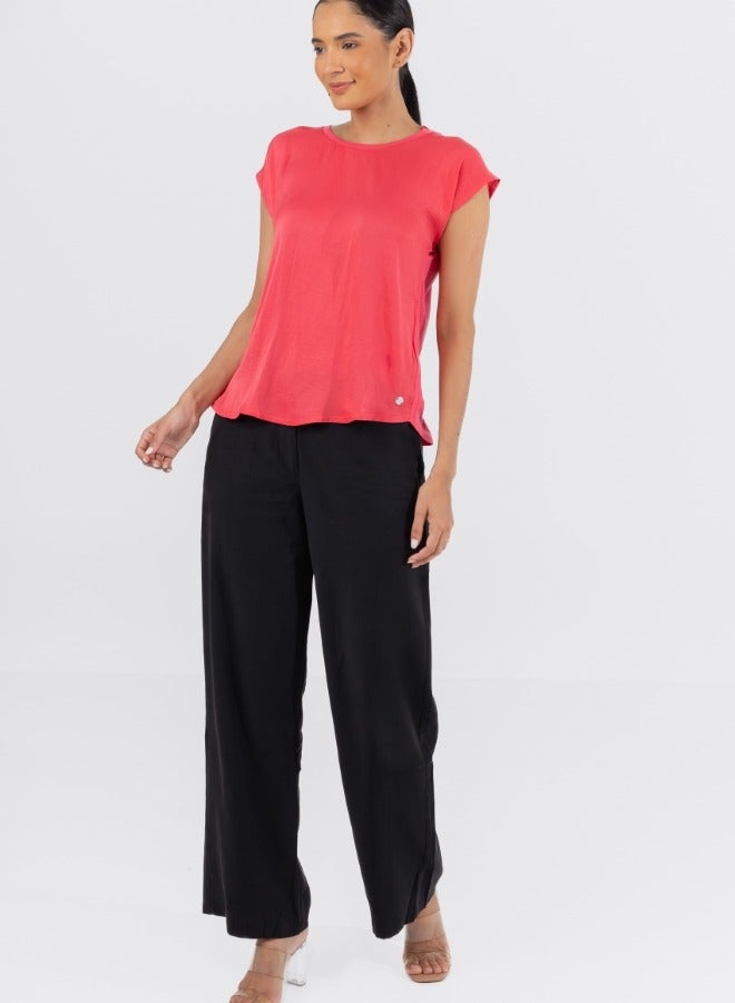 Cap Sleeve Crew Neck Blouse - Coral Pink