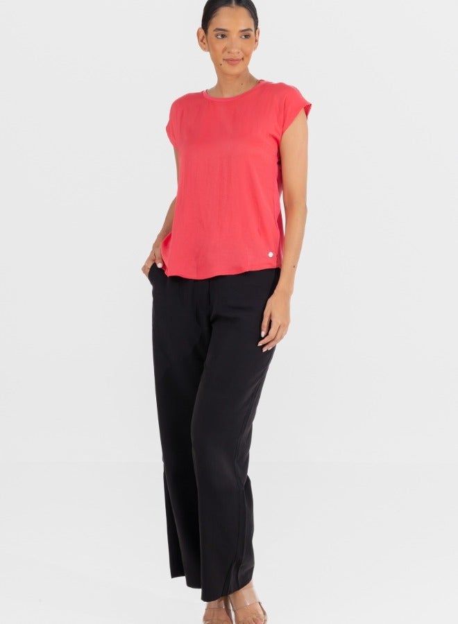 Cap Sleeve Crew Neck Blouse - Coral Pink