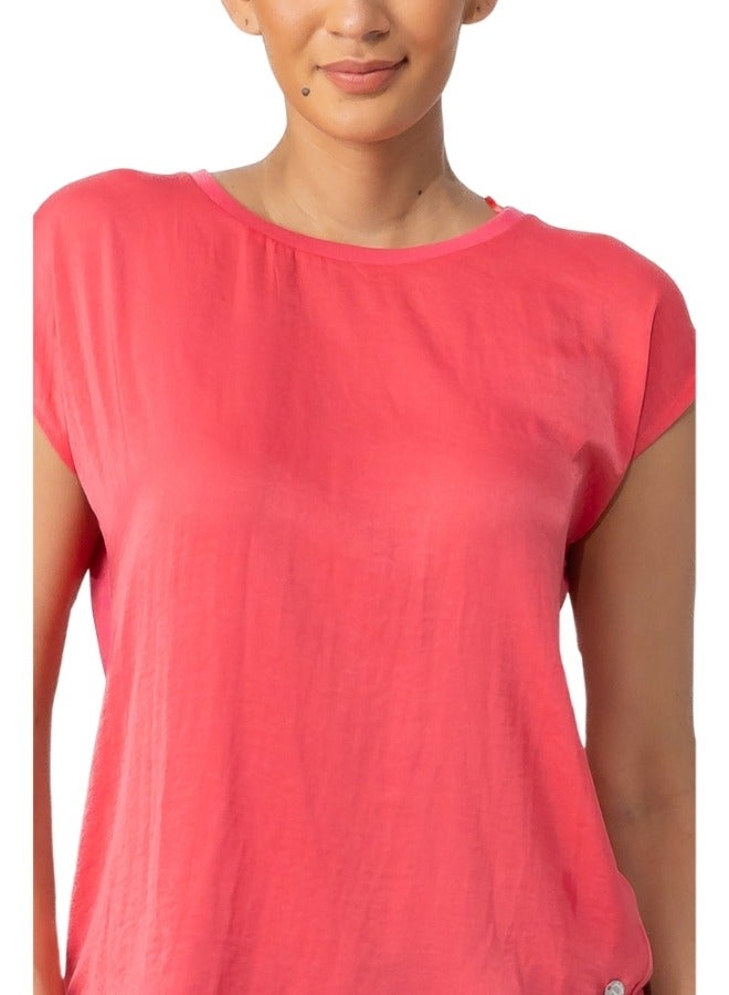 Cap Sleeve Crew Neck Blouse - Coral Pink