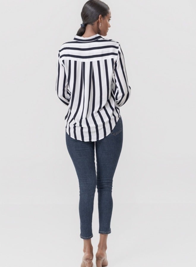 Striped Button-Down Long Sleeve Shirt - Black and White