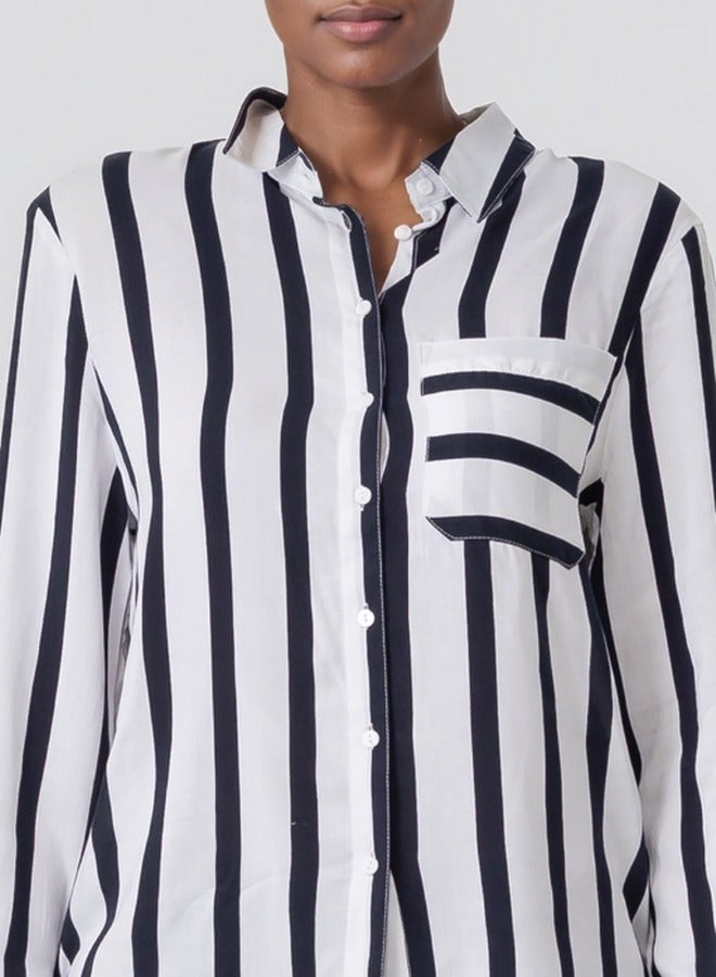 Striped Button-Down Long Sleeve Shirt - Black and White