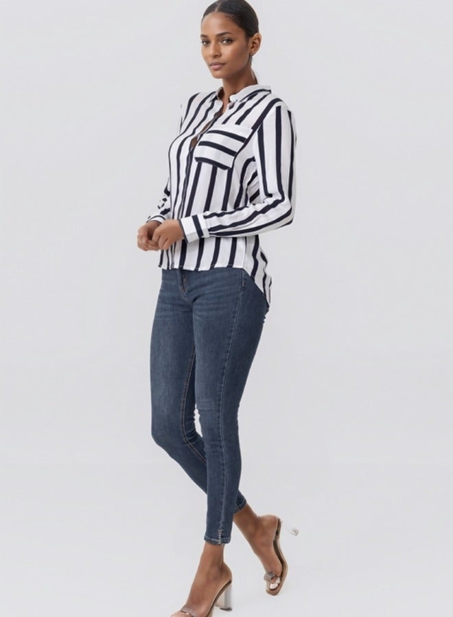 Striped Button-Down Long Sleeve Shirt - Black and White