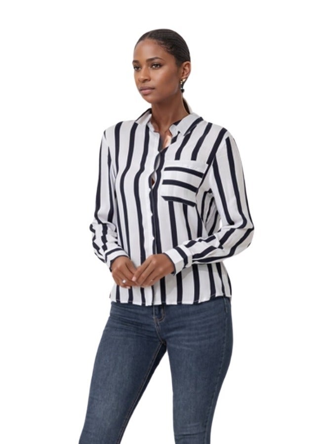 Striped Button-Down Long Sleeve Shirt - Black and White