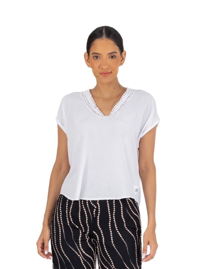 White V-Neck Short Sleeve Top with Crochet Trim - Casual Loose Fit Blouse