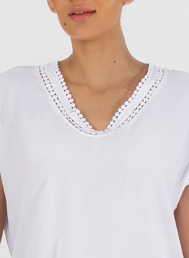 White V-Neck Short Sleeve Top with Crochet Trim - Casual Loose Fit Blouse