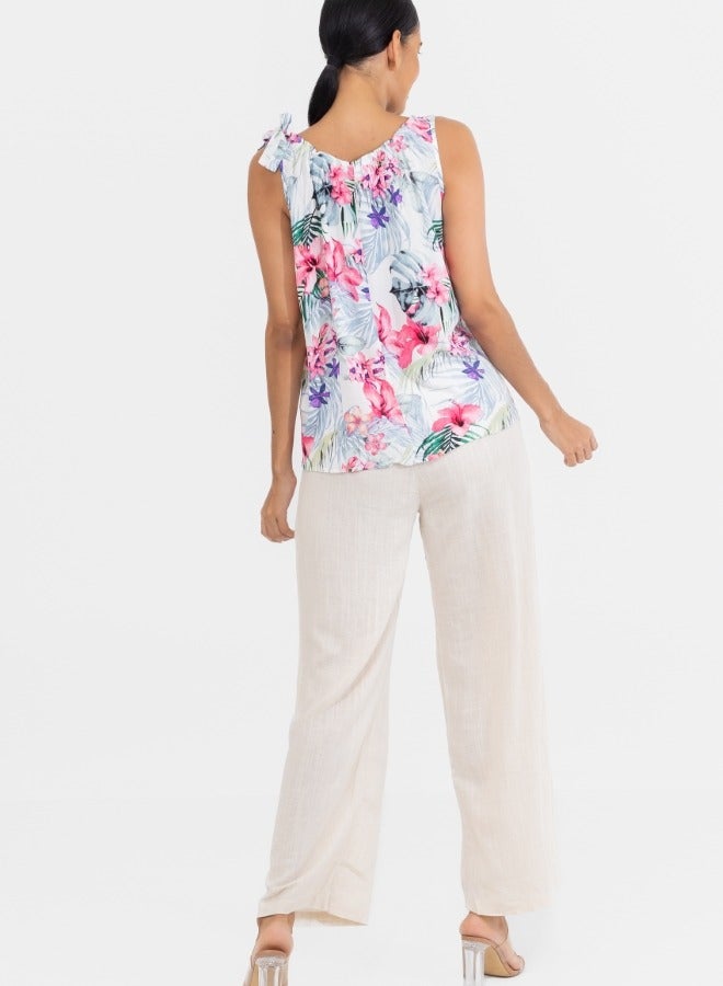 Tropical Floral Sleeveless Blouse with Tie Shoulders - White