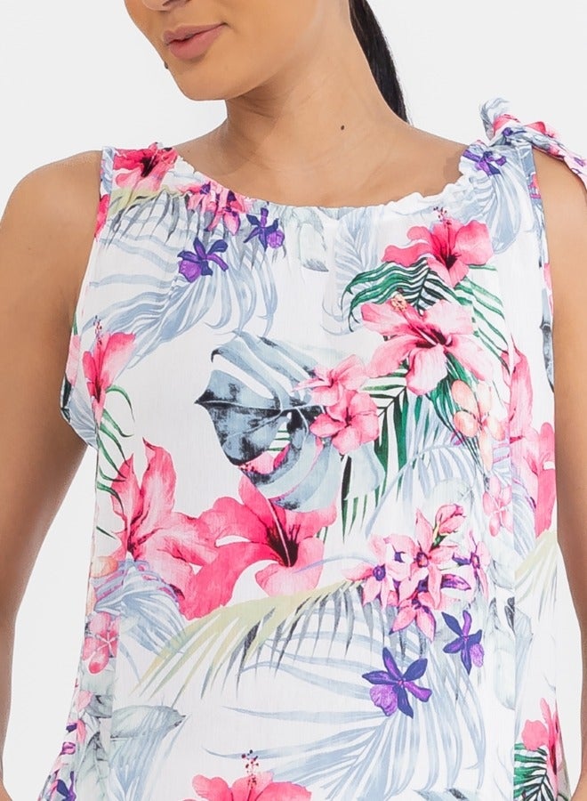 Tropical Floral Sleeveless Blouse with Tie Shoulders - White