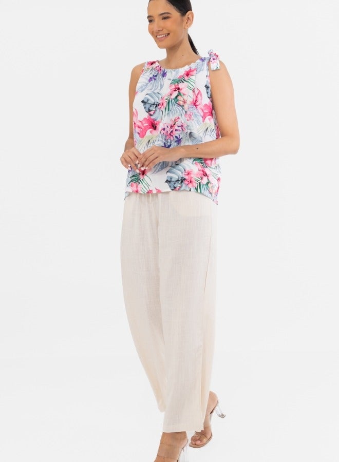 Tropical Floral Sleeveless Blouse with Tie Shoulders - White