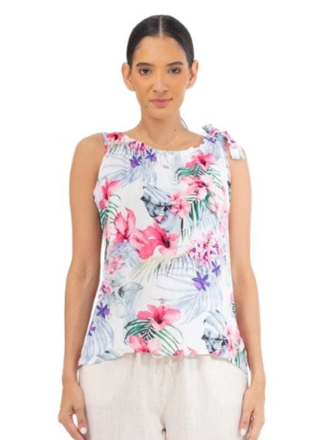 Tropical Floral Sleeveless Blouse with Tie Shoulders - White