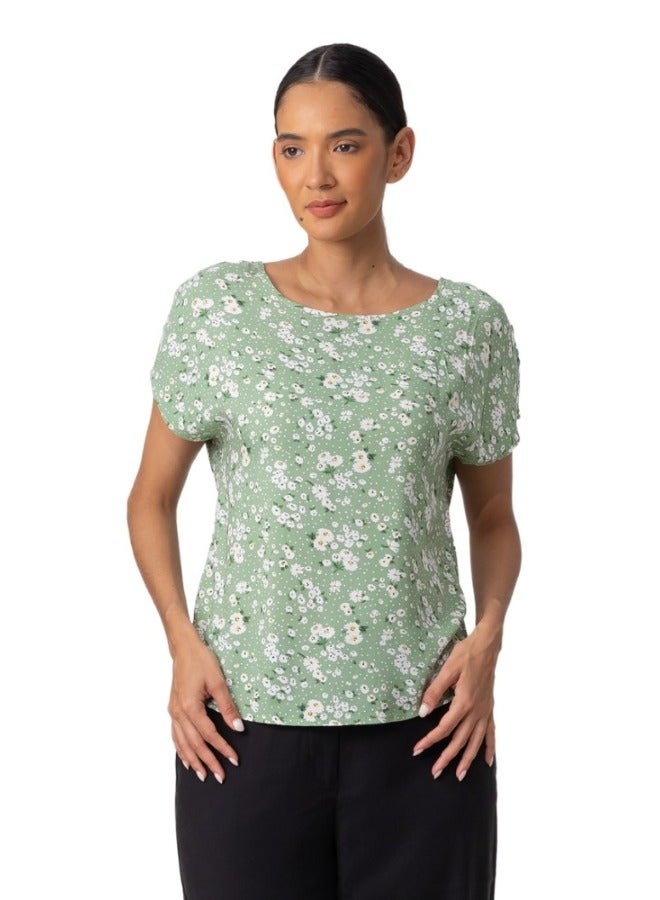 Green Floral Print Short Sleeve Blouse - Casual Summer Top