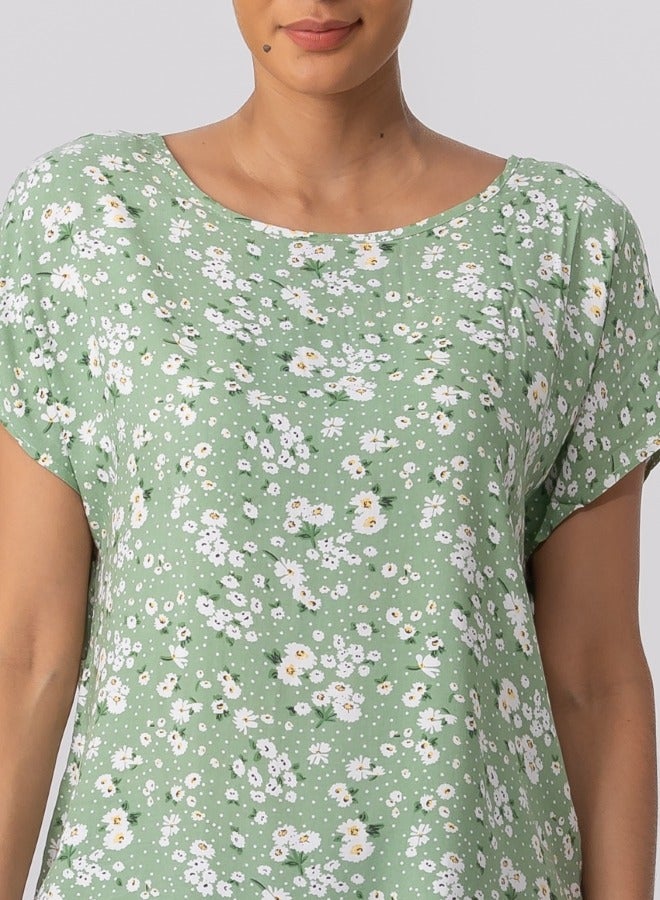 Green Floral Print Short Sleeve Blouse - Casual Summer Top