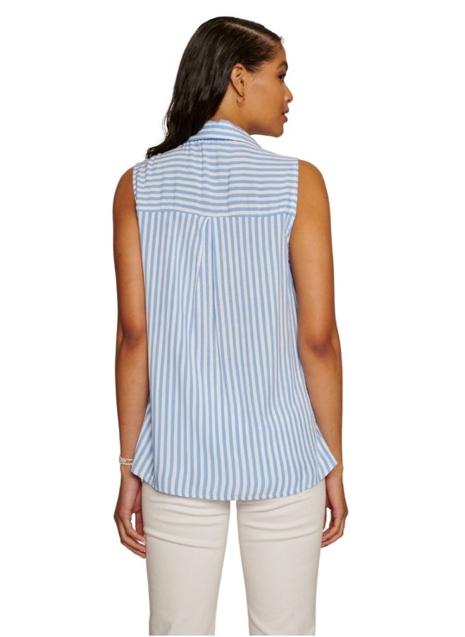 Blue Striped Button-Up Sleeveless Top