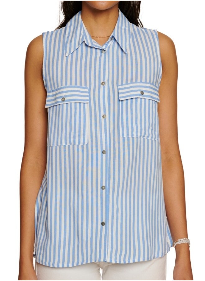 Blue Striped Button-Up Sleeveless Top