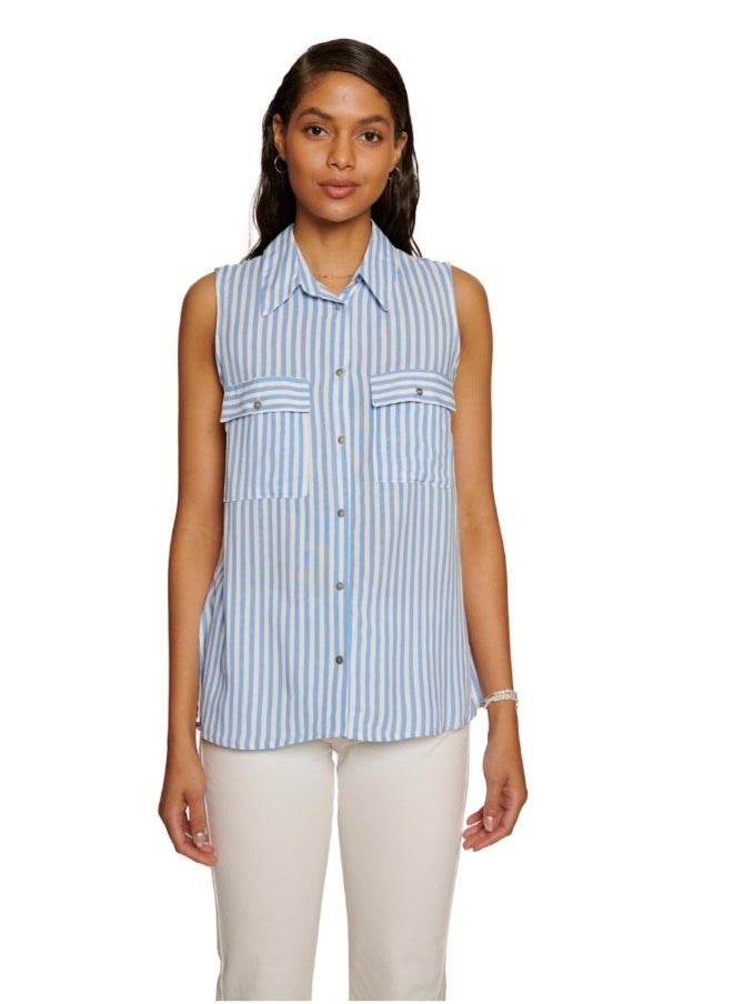 Blue Striped Button-Up Sleeveless Top