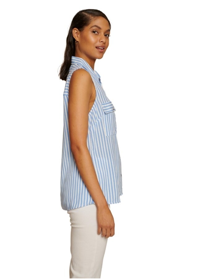 Blue Striped Button-Up Sleeveless Top