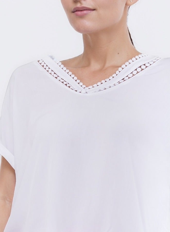 V-Neck Lace Trim Blouse - White