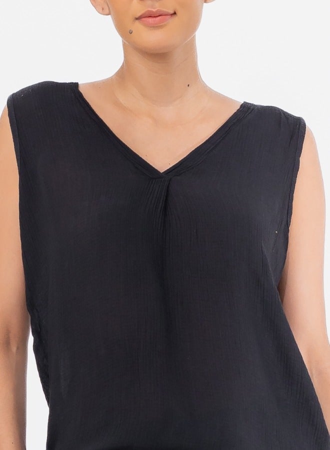 Sleeveless V-Neck Blouse - Black