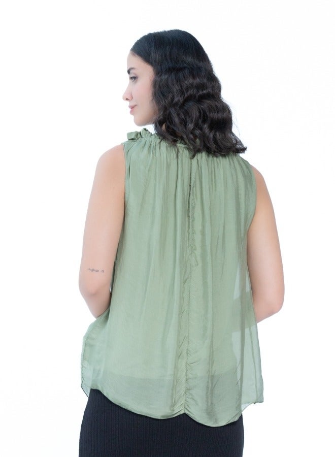 Green Sleeveless Pleated Top