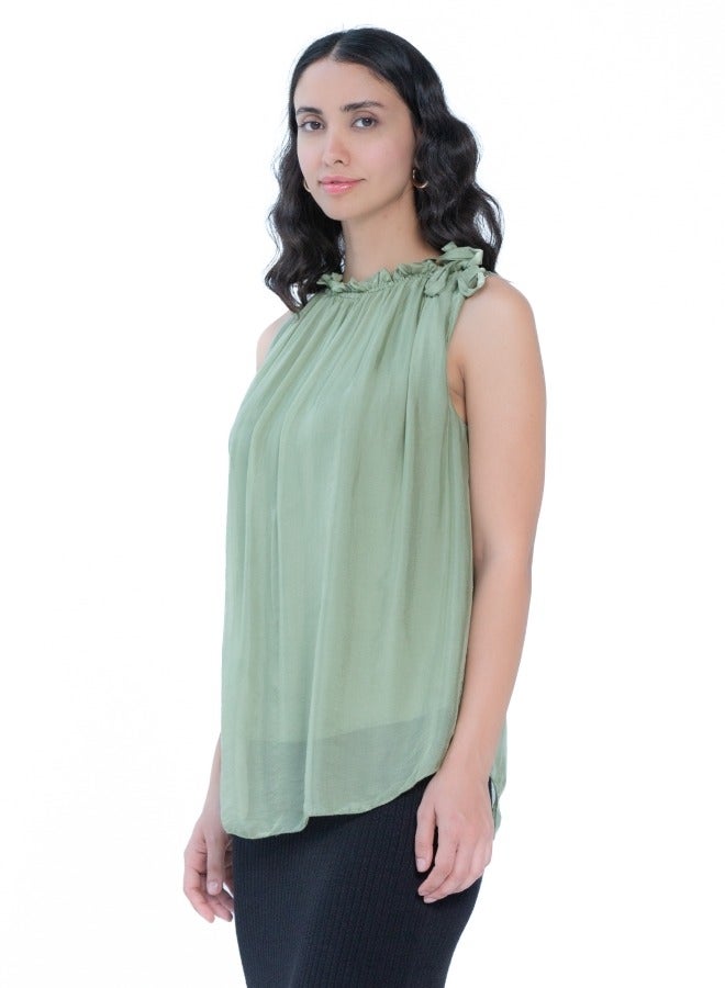 Green Sleeveless Pleated Top