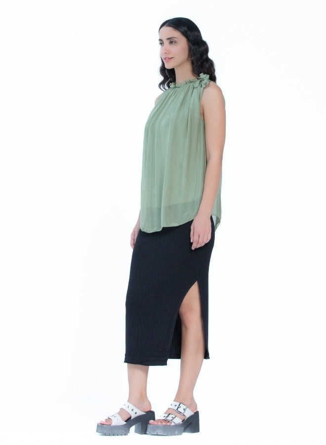 Green Sleeveless Pleated Top