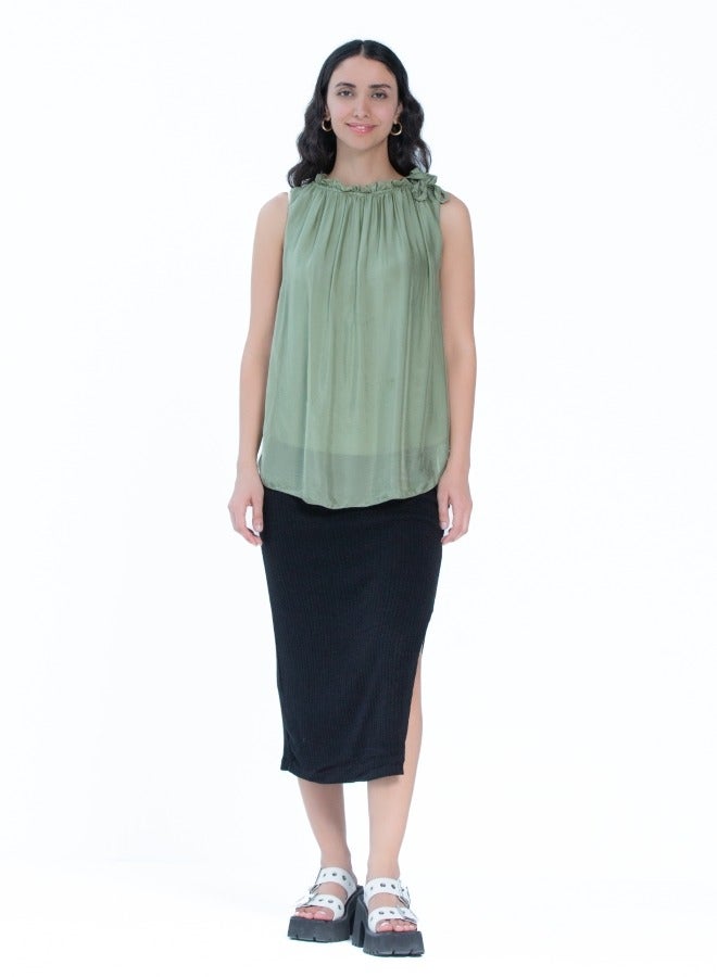 Green Sleeveless Pleated Top