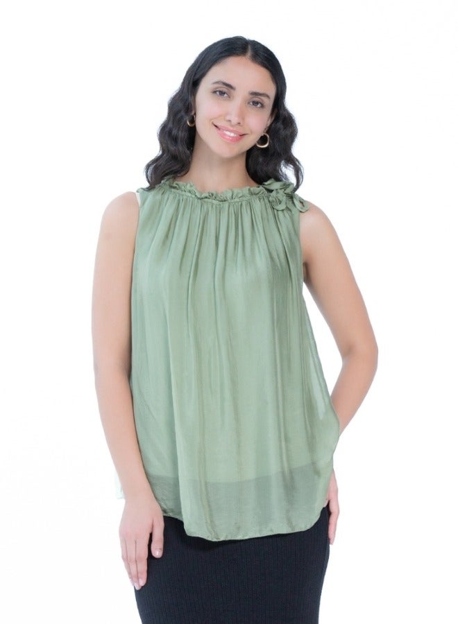 Green Sleeveless Pleated Top