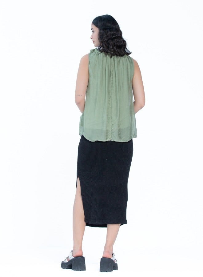 Green Sleeveless Pleated Top