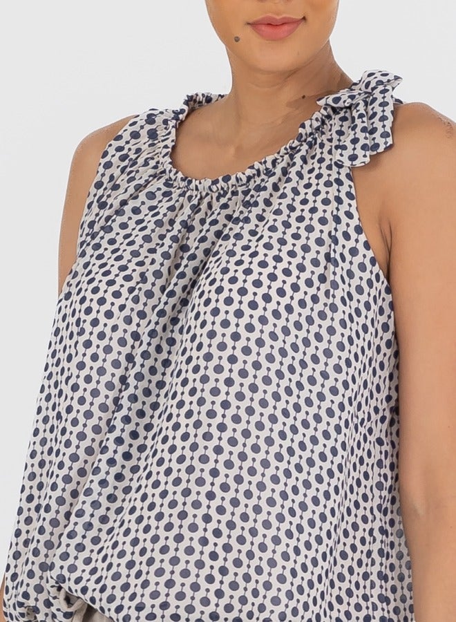 Polka Dot Sleeveless Ruffle Trim Blouse - Blue and White