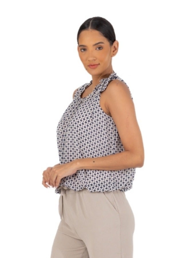 Polka Dot Sleeveless Ruffle Trim Blouse - Blue and White