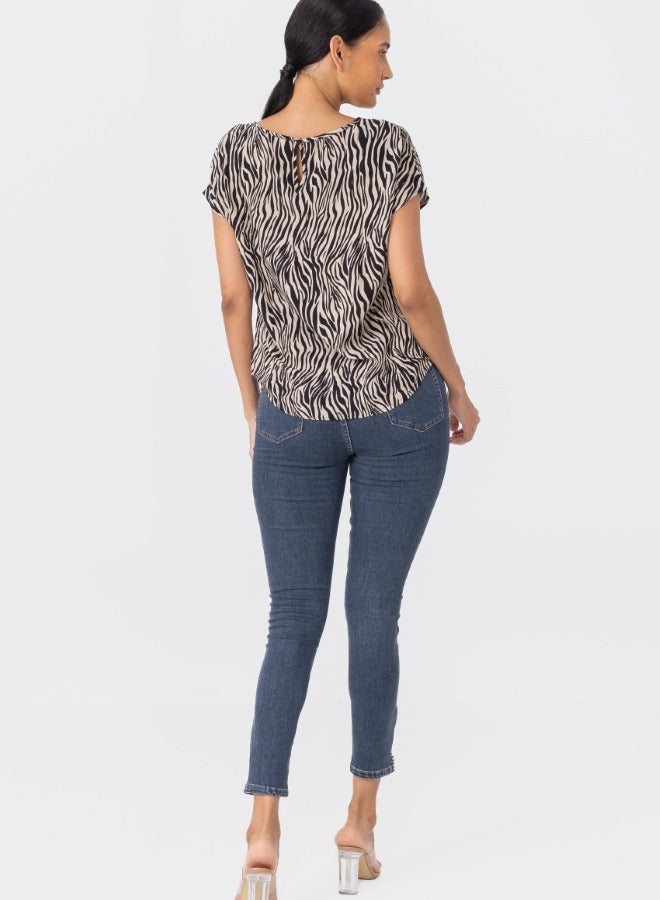 Zebra Print Short Sleeve Scoop Neck Top - Black and White