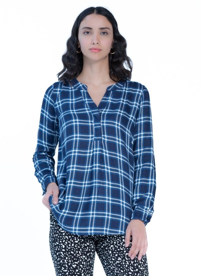 Navy Plaid V-Neck Shirt