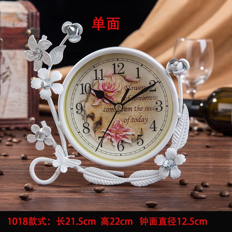 European Style Quiet Desk Clock Bedroom Living Room Creative Clock Ornaments Pastoral Iron Desktop Clock Clock Clock Double Sided Clock1018 White 1018 White