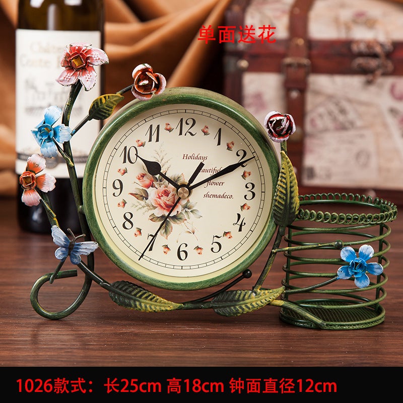 European Style Quiet Desk Clock Bedroom Living Room Creative Clock Ornaments Pastoral Iron Desktop Clock Clock Clock Double Sided Clock1026 Green 1026 Green