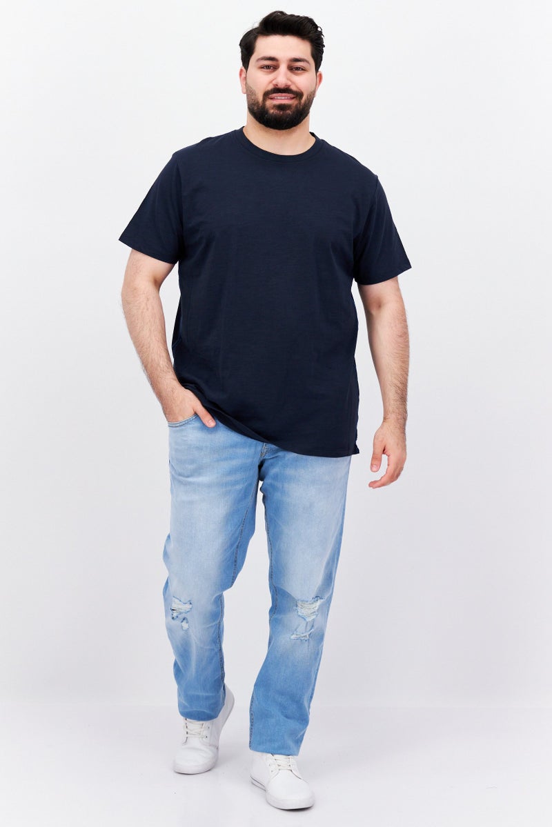 Men Crew Neck Short Sleeves Plain T-Shirt, Navy Blue