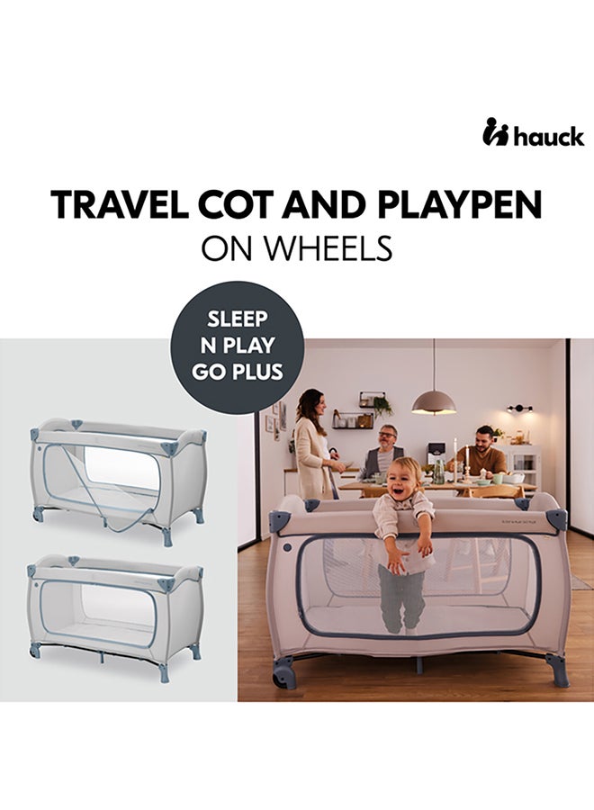 Sleep N Play Go Plus Children'S Travel Bed With Wheels, Transport Bag And Large Slip For Playing, Small Foldable, Baby Travel Cot -Dusty Cork