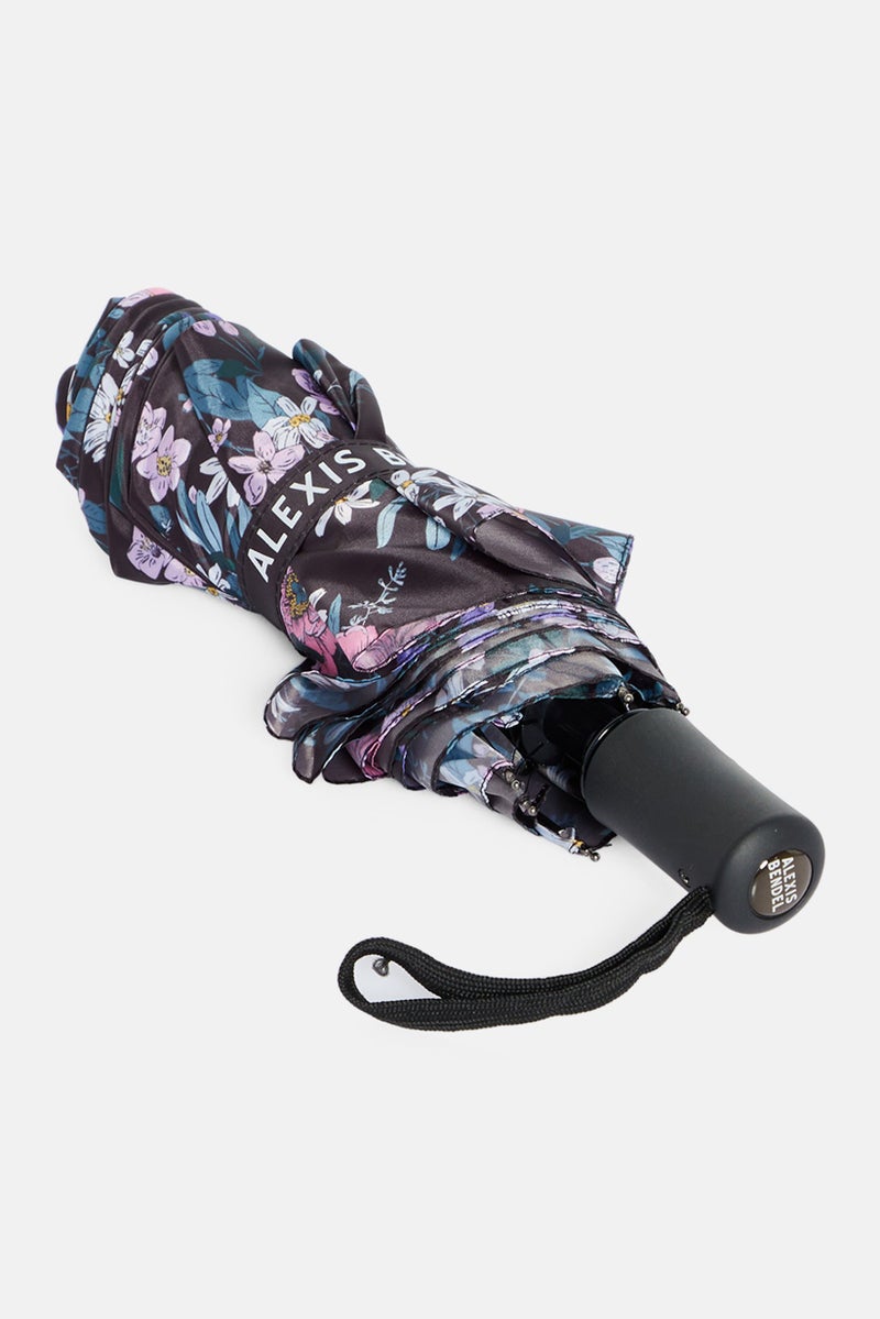 Floral Printed Travel Umbrella, Black Combo