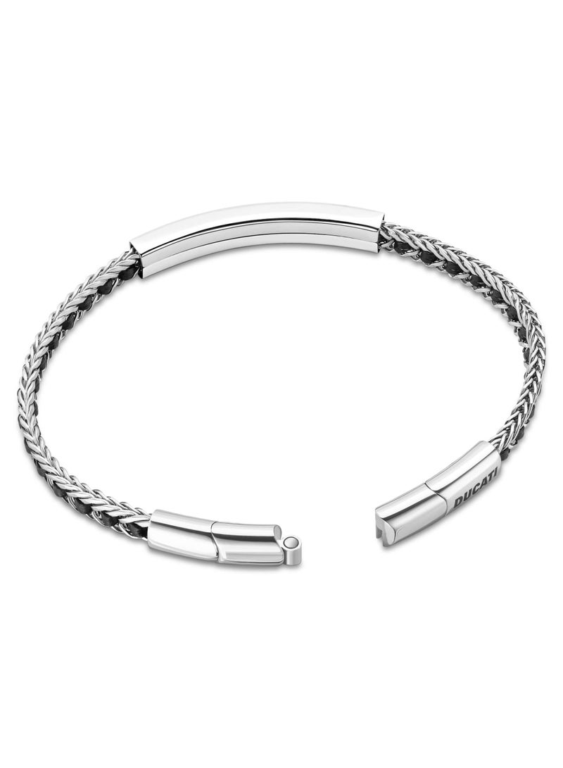 Catena Black Silver Leather & Stainless Steel Gents Bracelet with Magnetic Closure - 210 mm